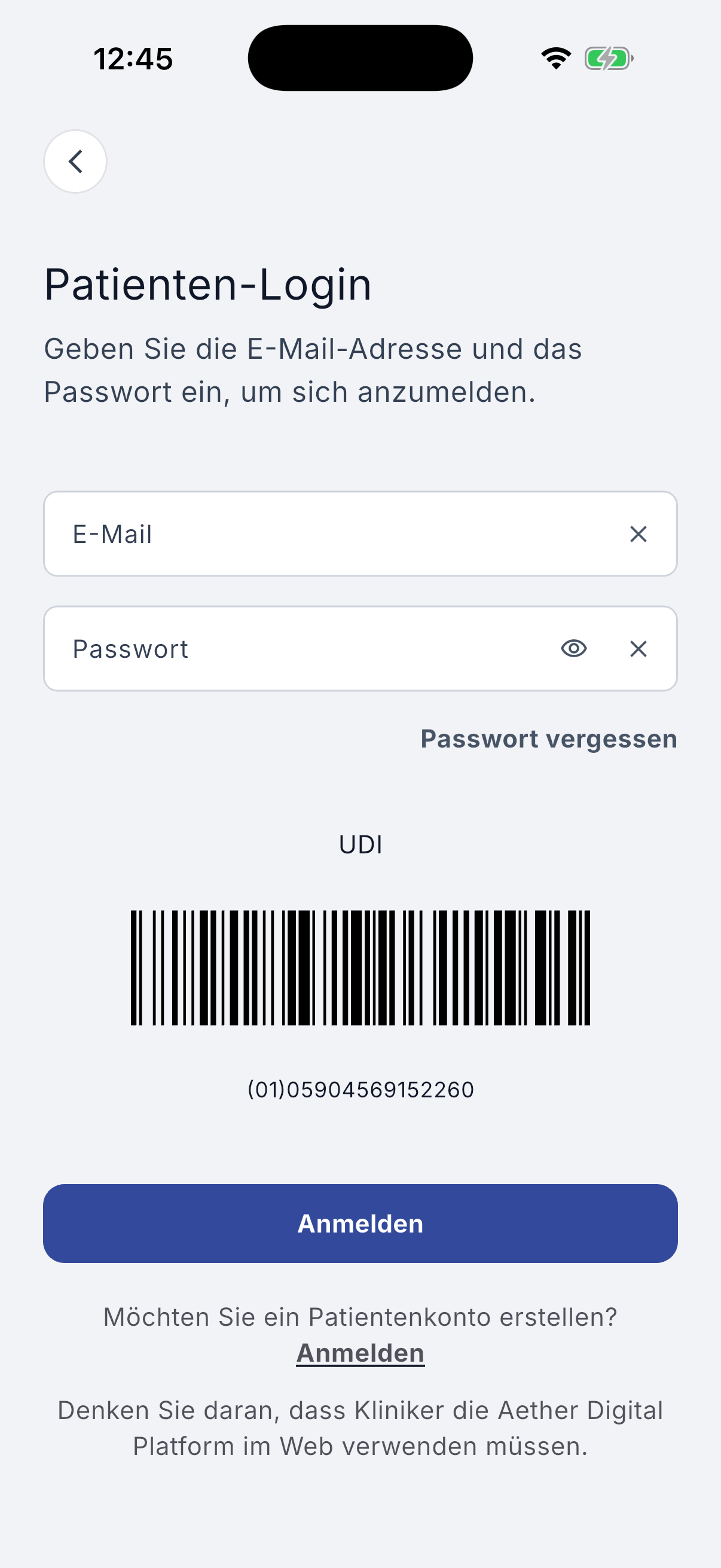 Patient login screen