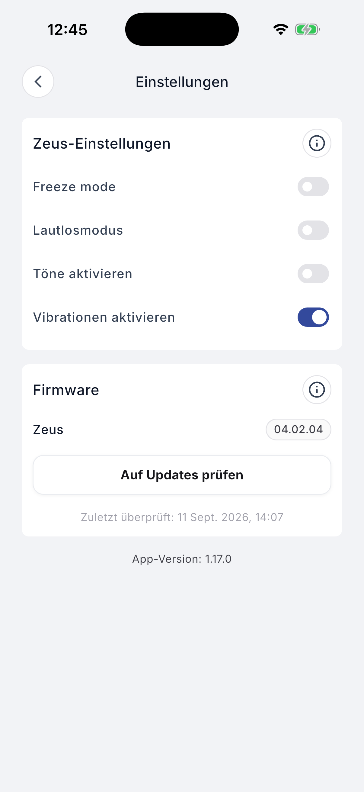 Zeus settings screen