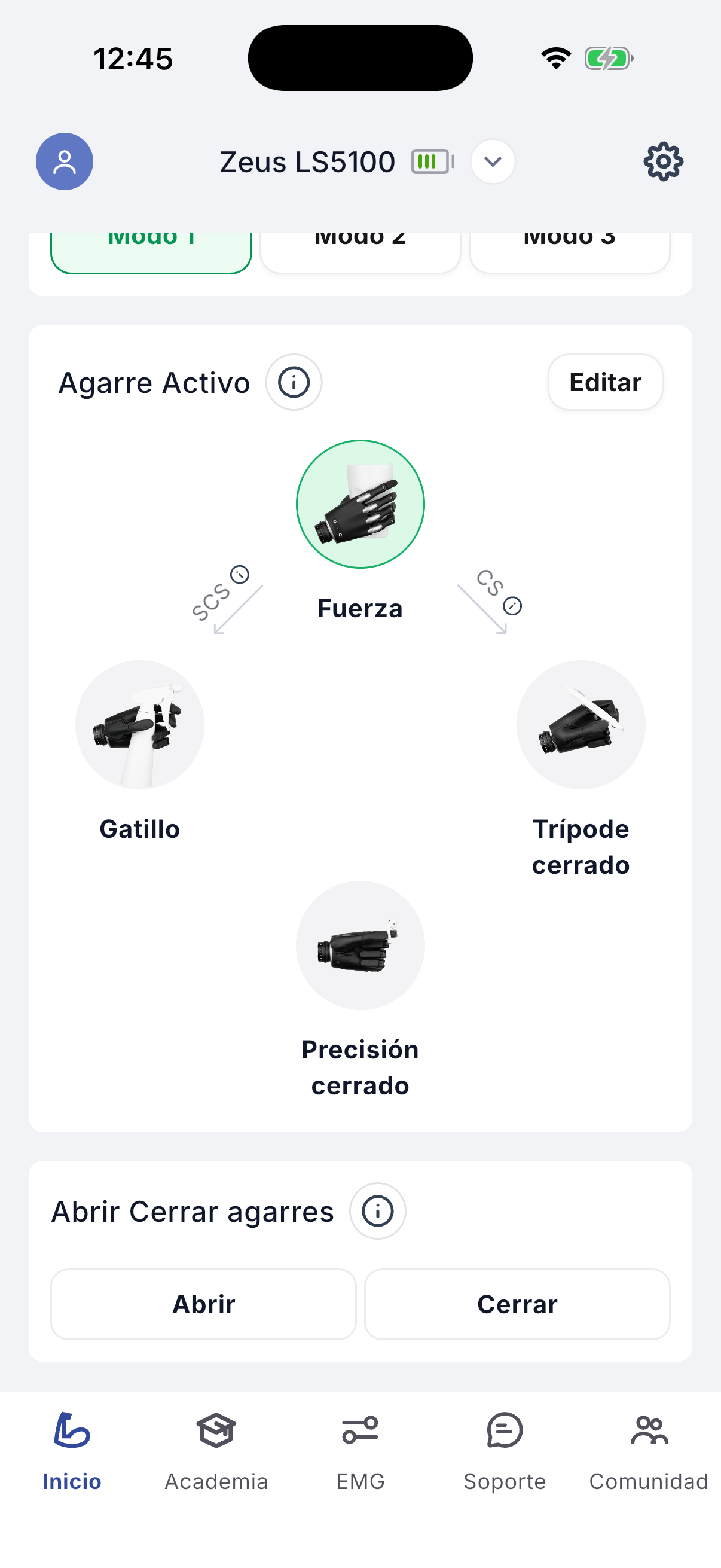 Grips with open and close controls