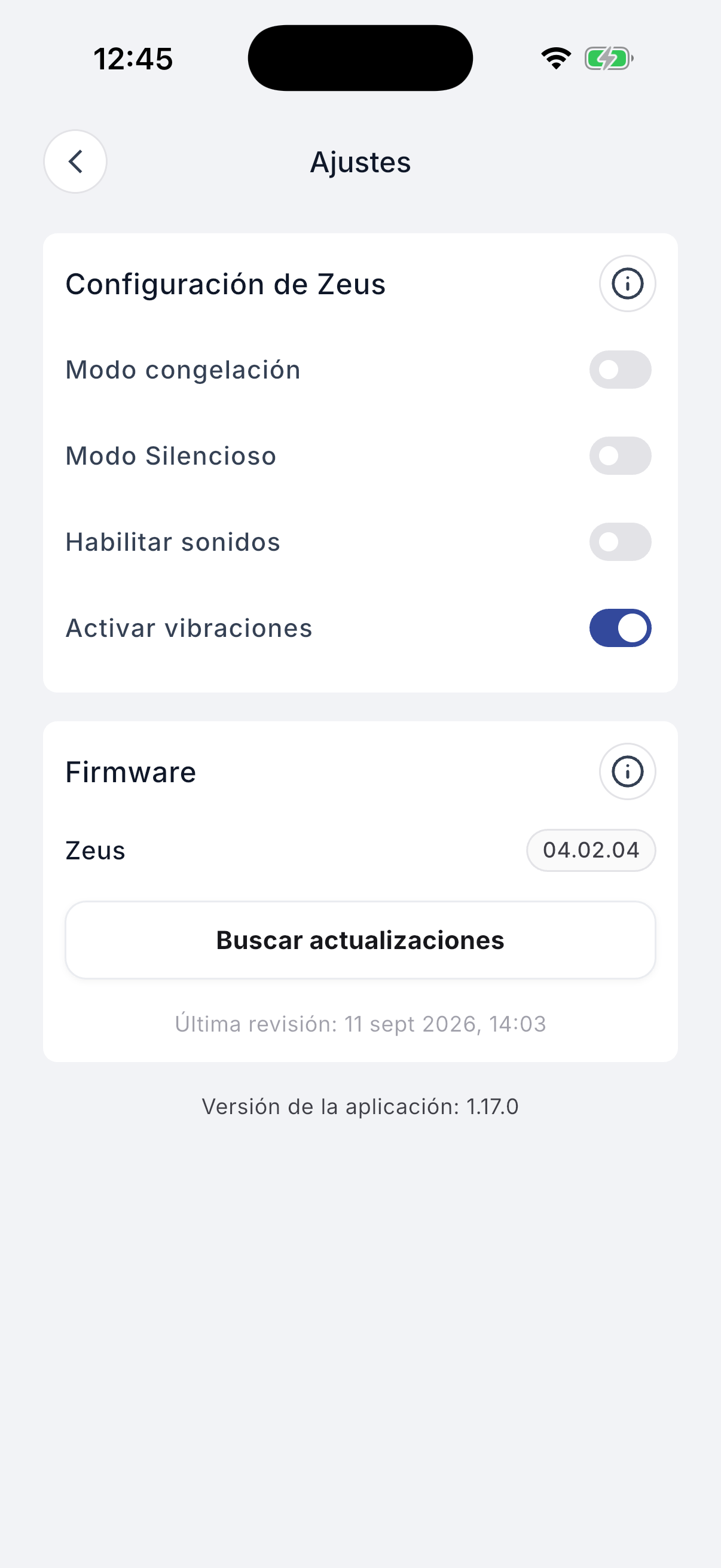 Zeus settings screen