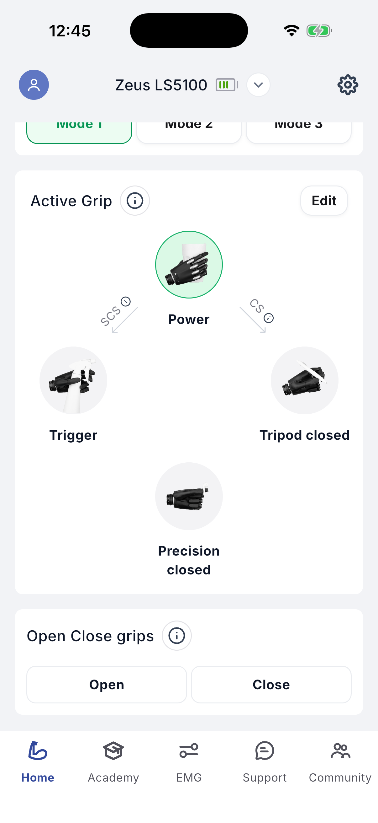 Grips with open and close controls