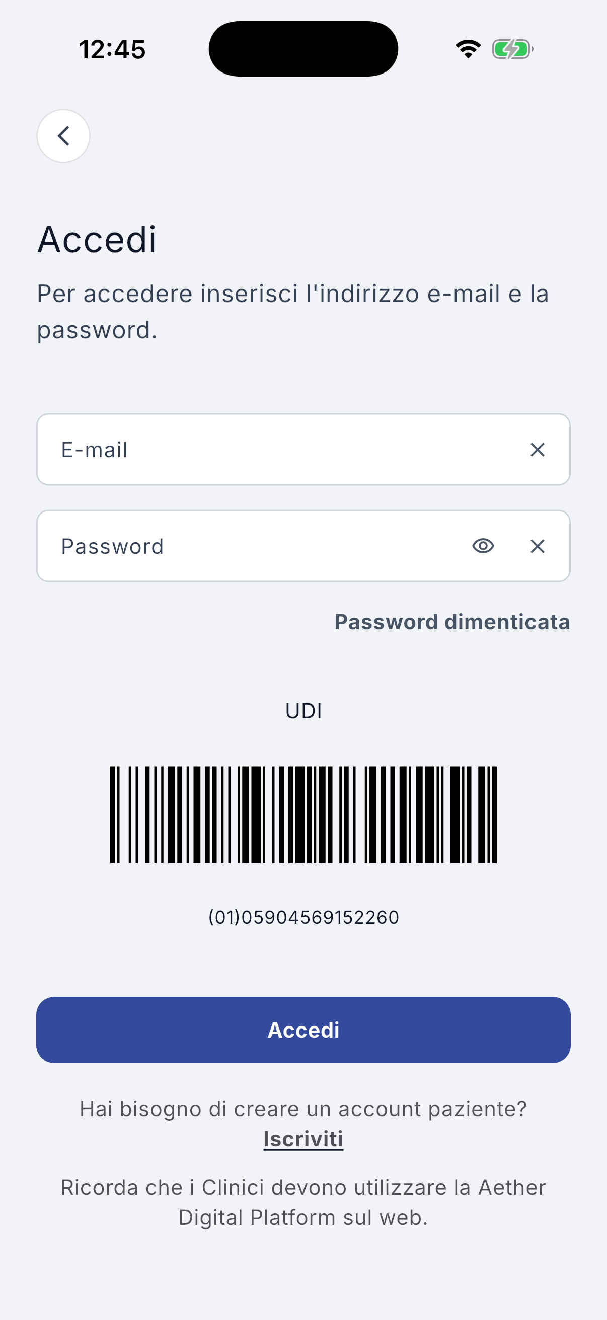 Patient login screen
