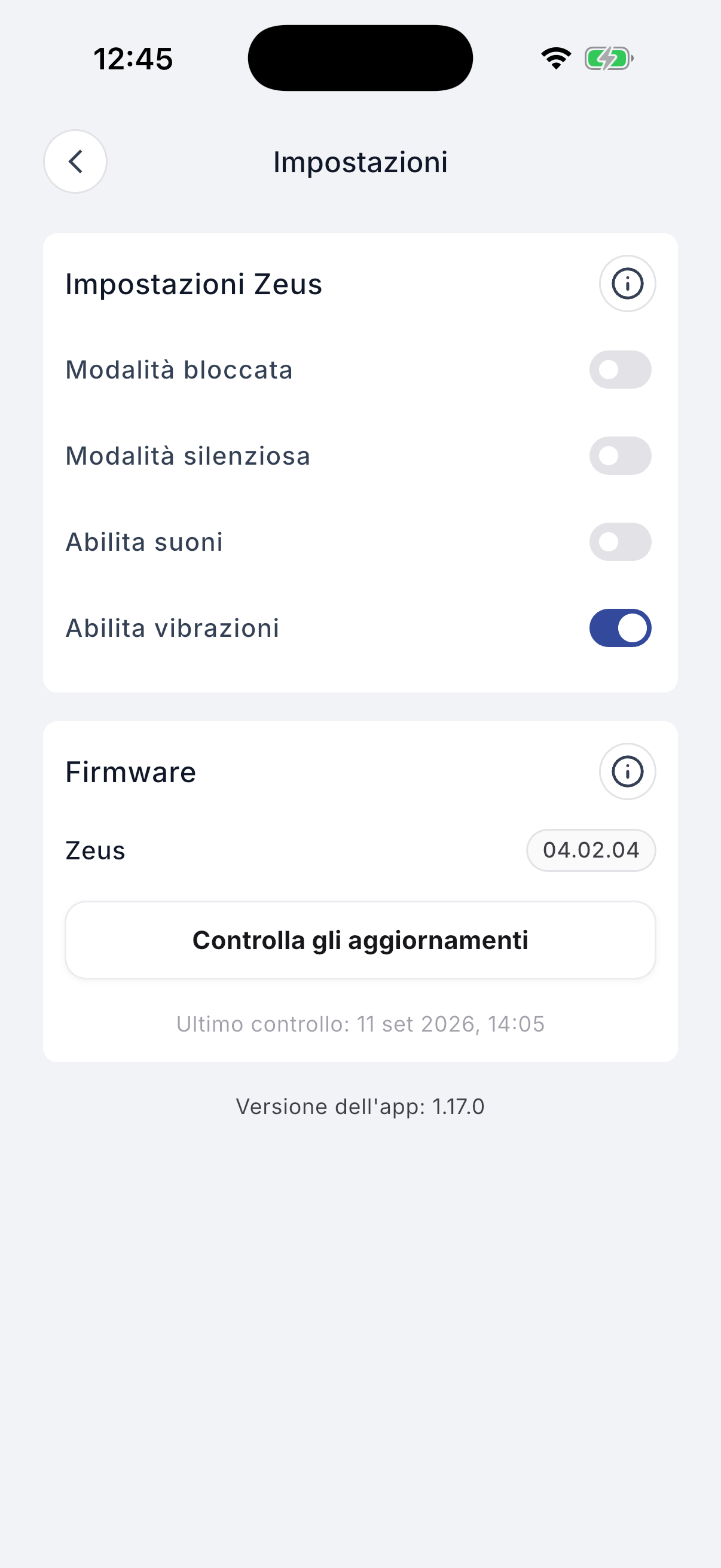 Zeus settings screen