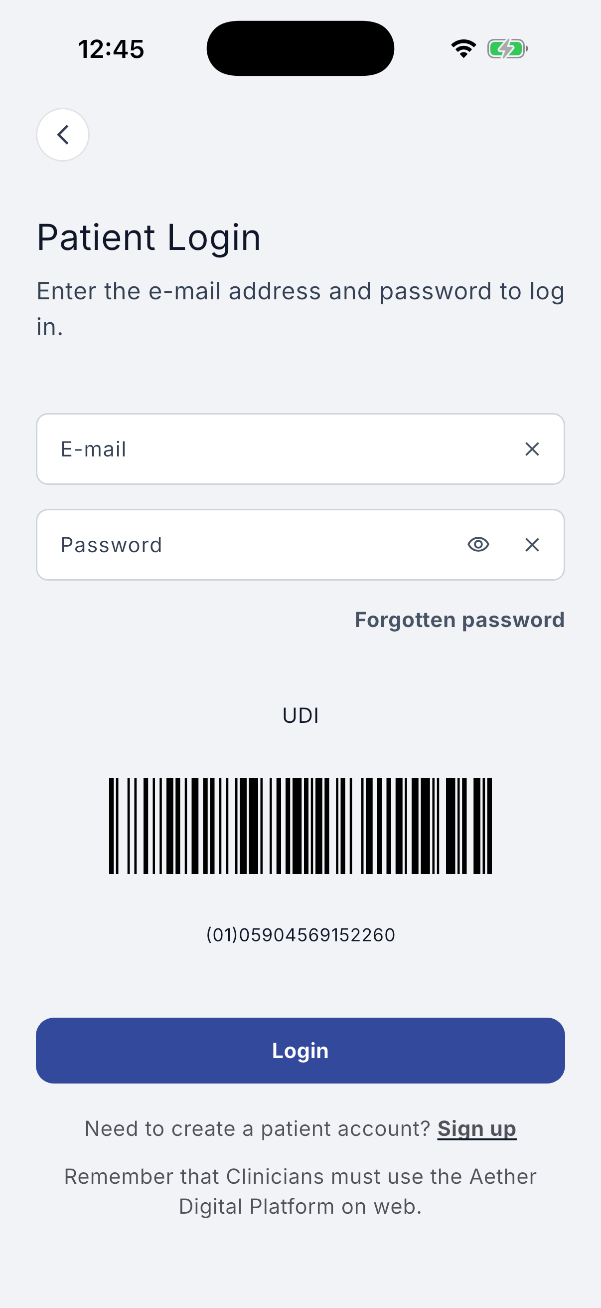 Patient login screen