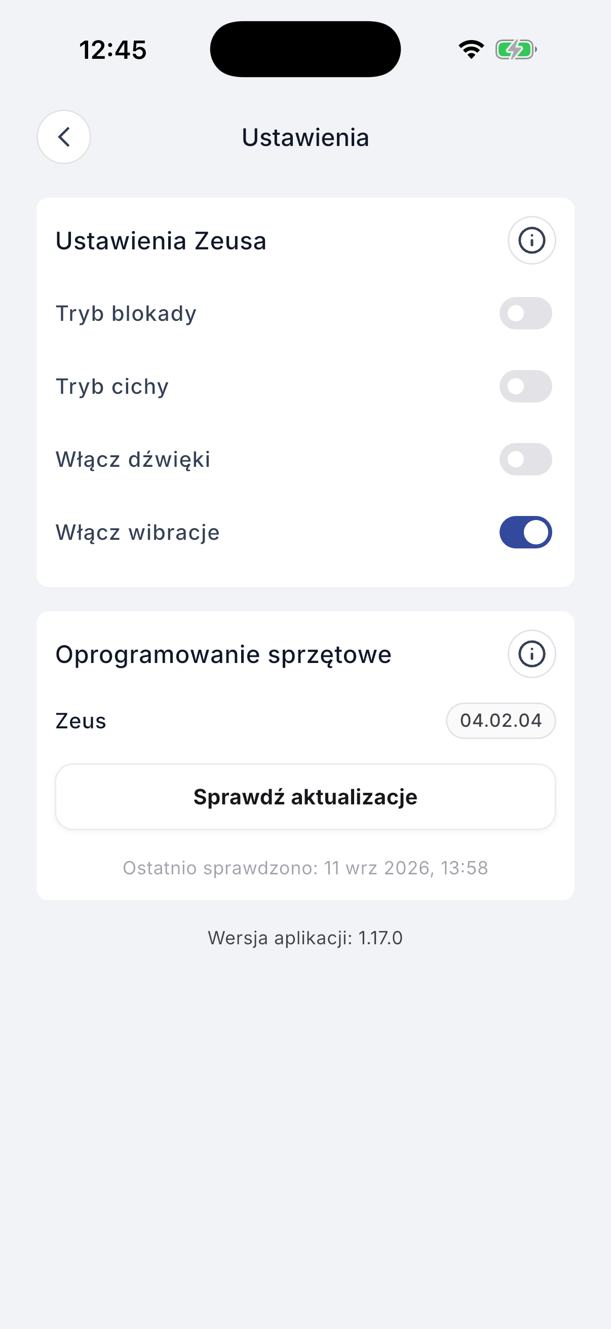 Zeus settings screen