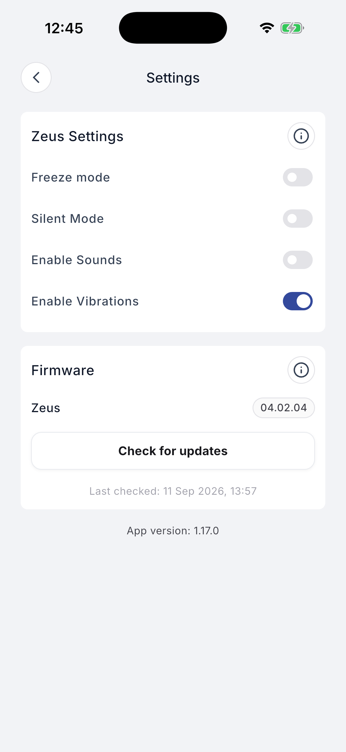 Zeus settings screen
